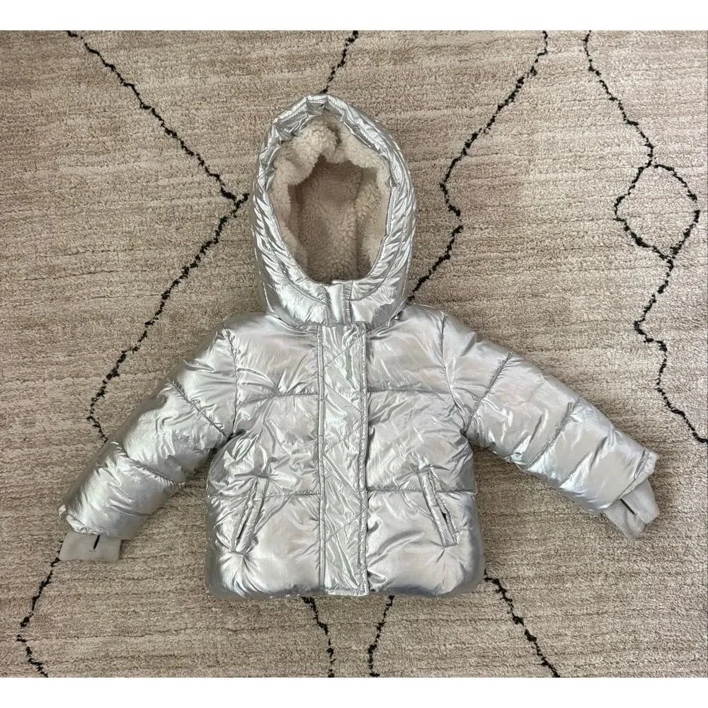 GAP 2T Girls Silver Metallic Hooded Sherpa Puffer Winter Jacket